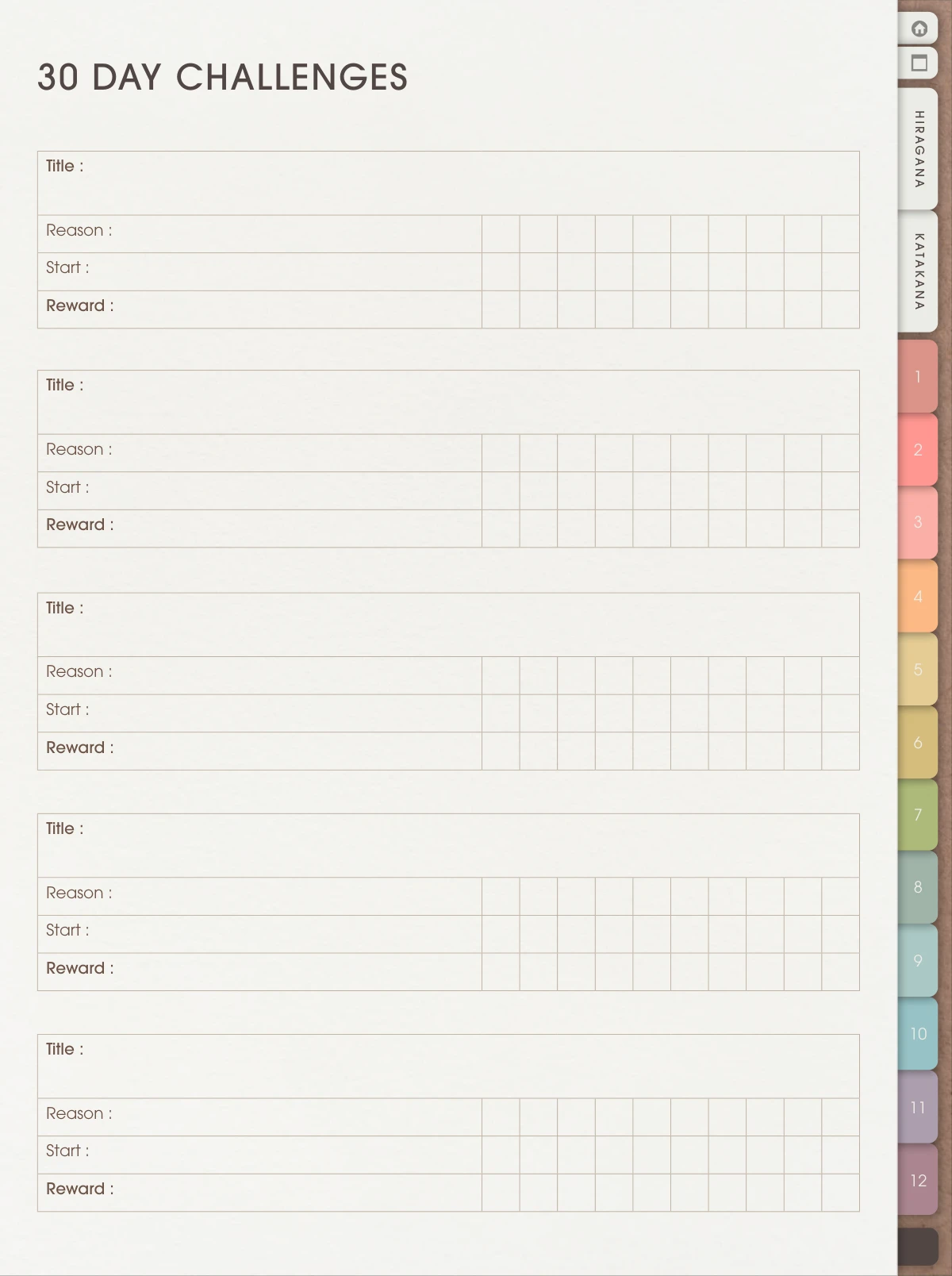 30 Day Challenges workbook page