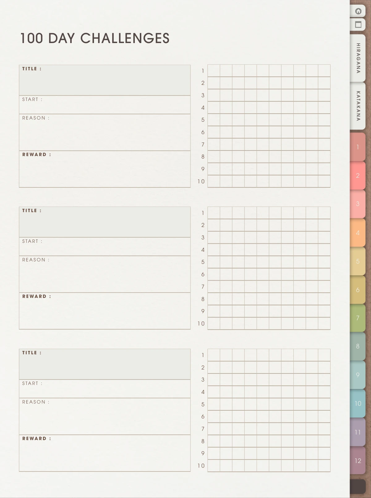 100 Day Challenges workbook page