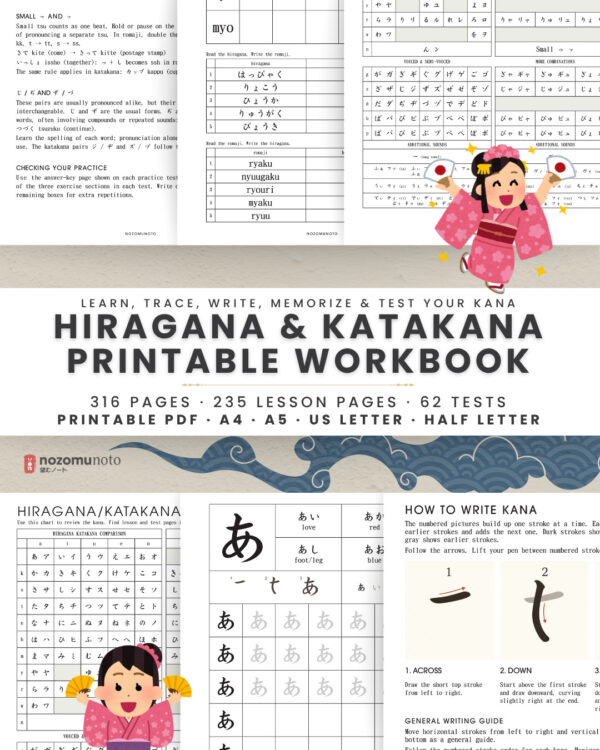 ikigai-kana-printable-02 Hiragana and katakana workbook overview with reference charts and writing practice.