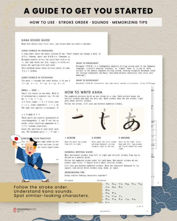 ikigai-kana-printable-05 Kana getting-started guide with stroke-order and sound instructions.