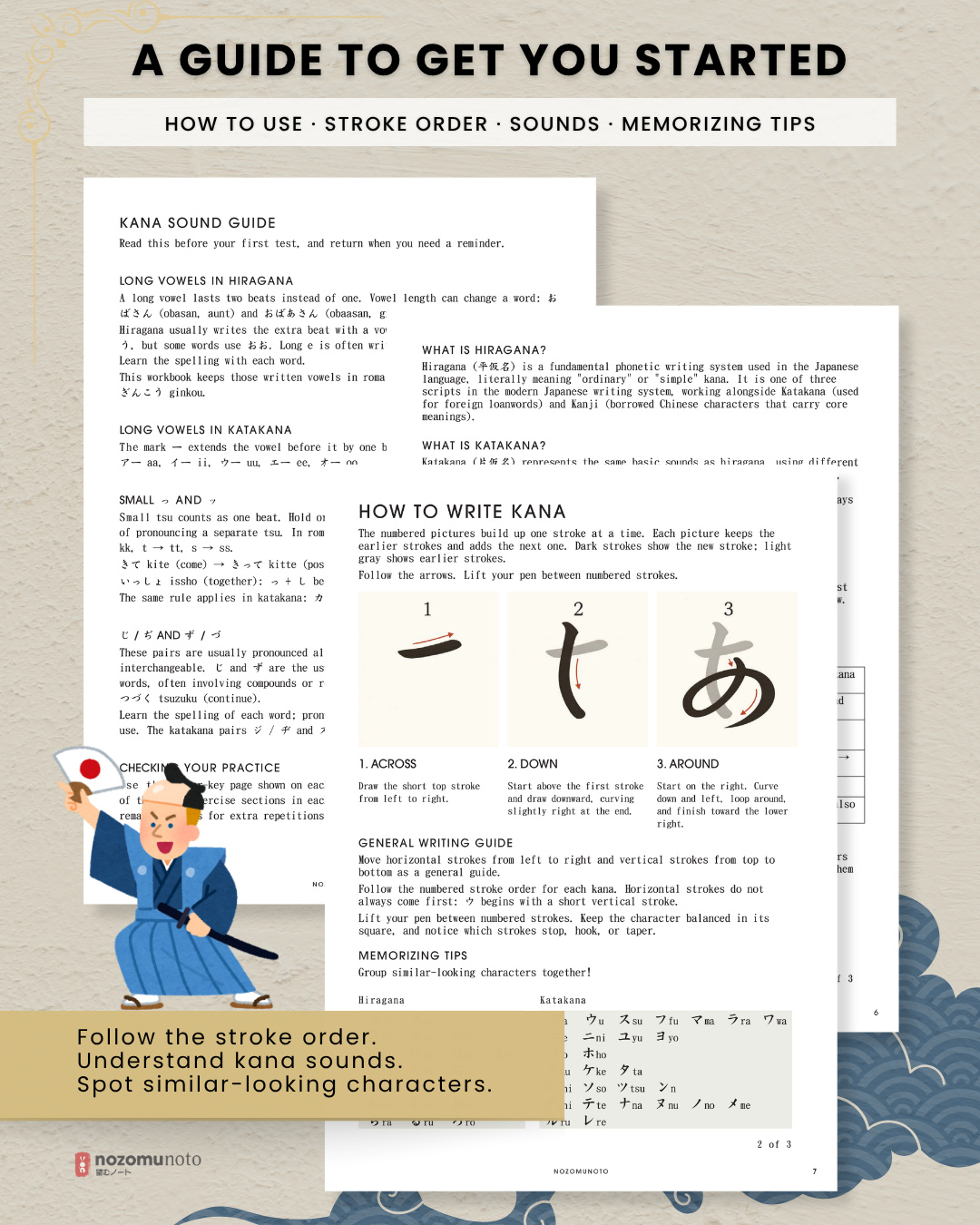 Kana getting-started guide with stroke-order and sound instructions.