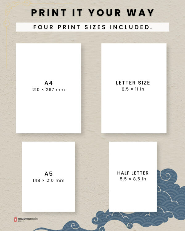 ikigai-kana-printable-09 Four printable paper sizes shown: A4, A5, US Letter, and Half Letter.