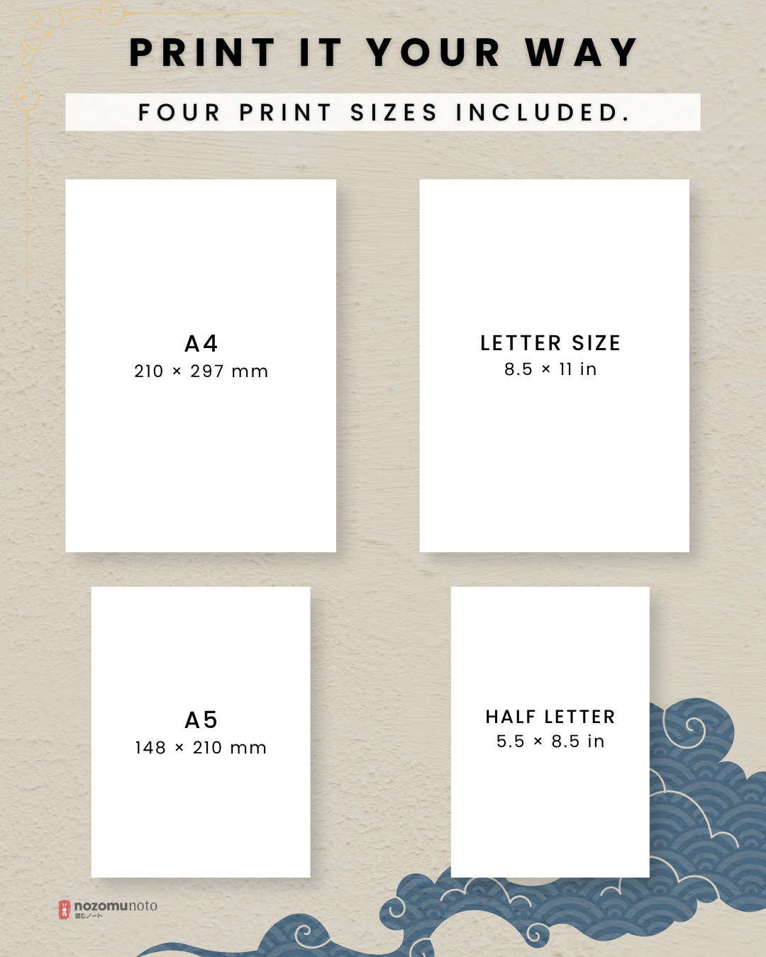 Four printable paper sizes shown: A4, A5, US Letter, and Half Letter.