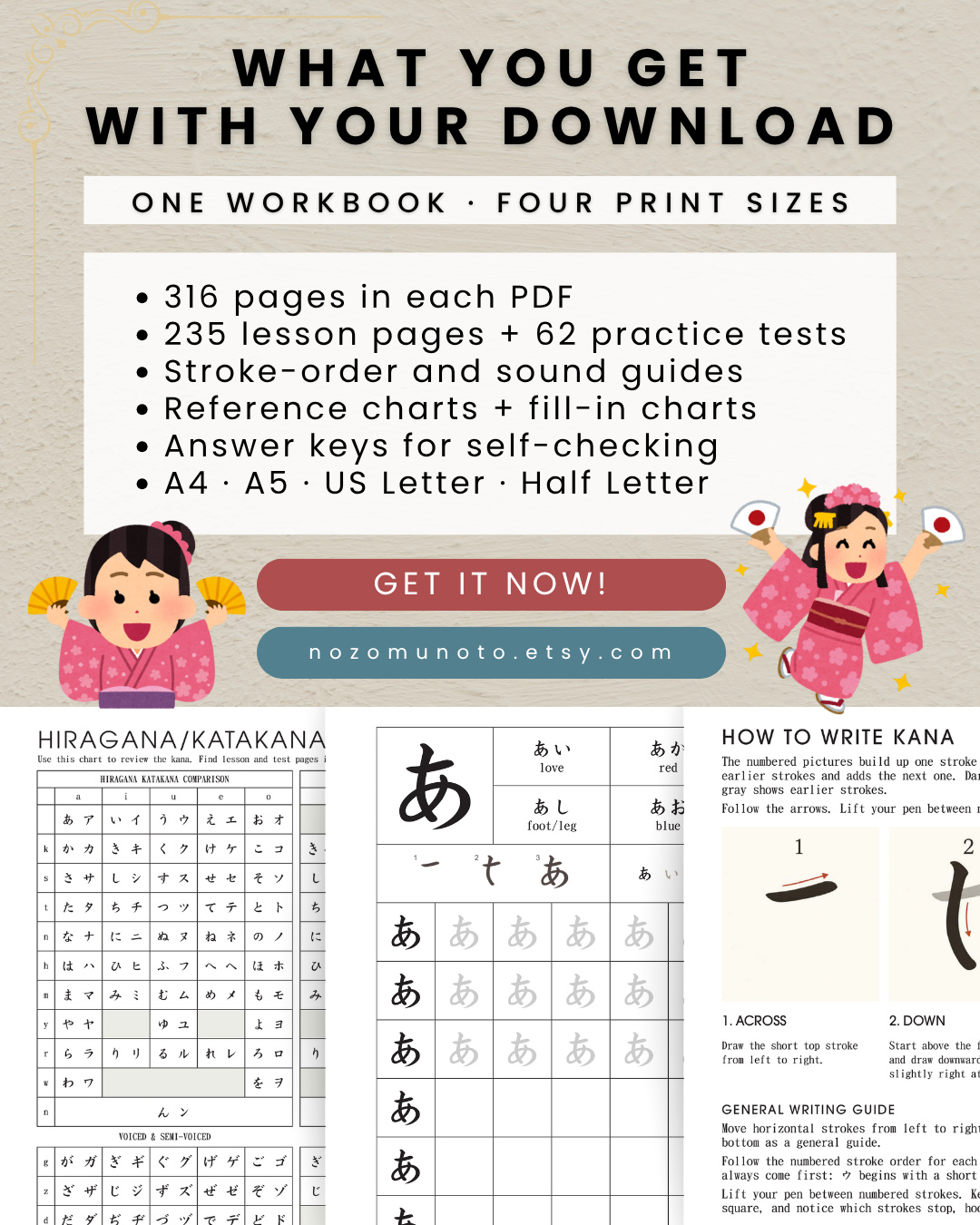 Printable workbook contents: four paper-size PDFs, lessons, practice tests, guides, charts, and answer keys.