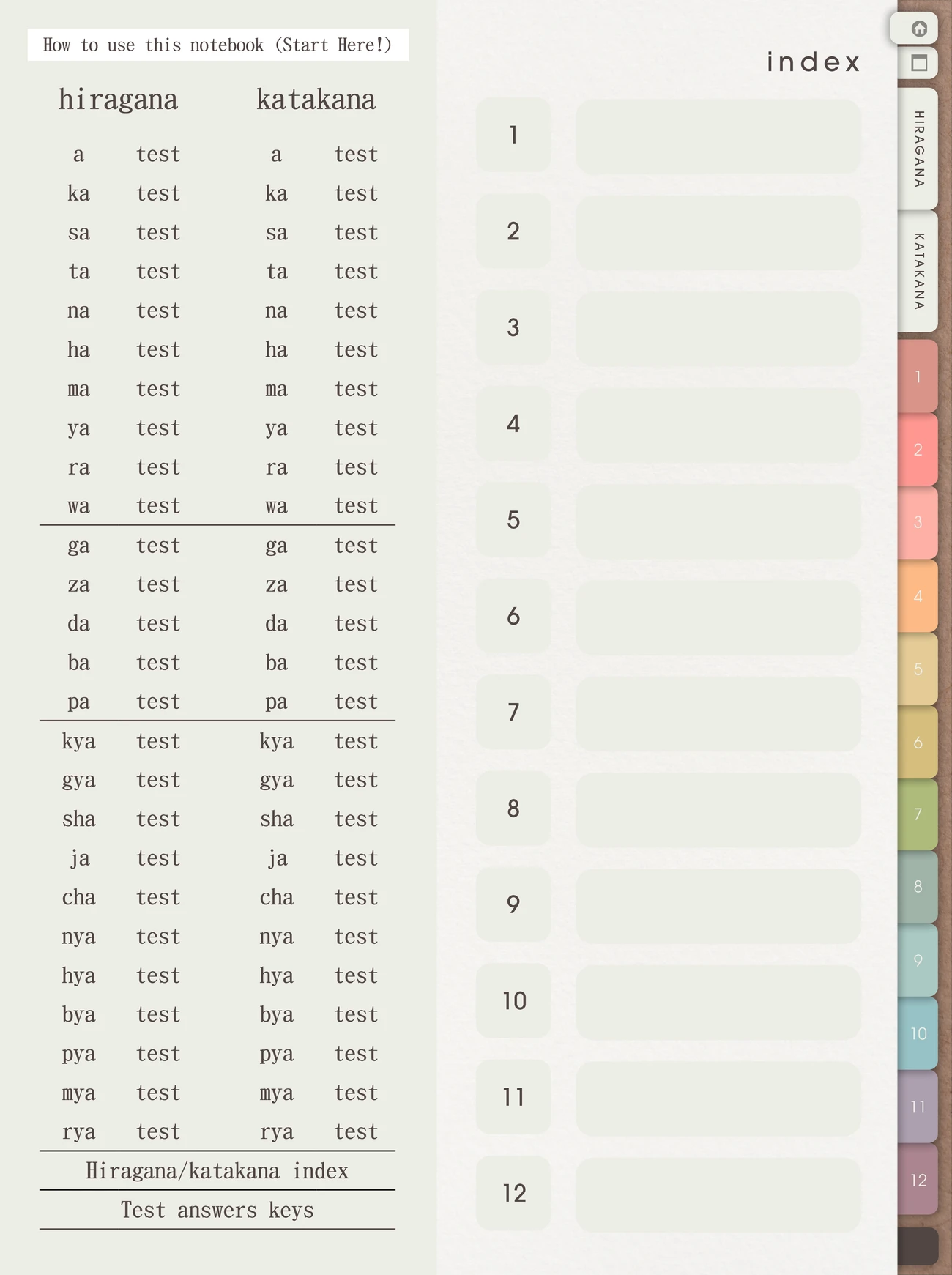 Workbook index with linked lessons, tests and numbered sections