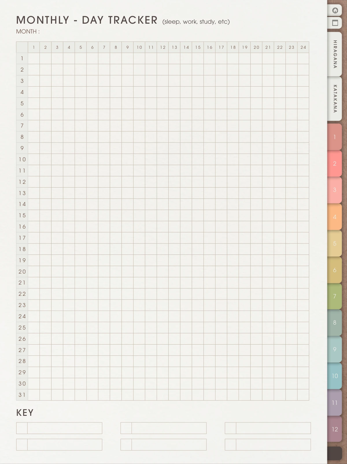 Monthly day tracker with days, hours and a custom key