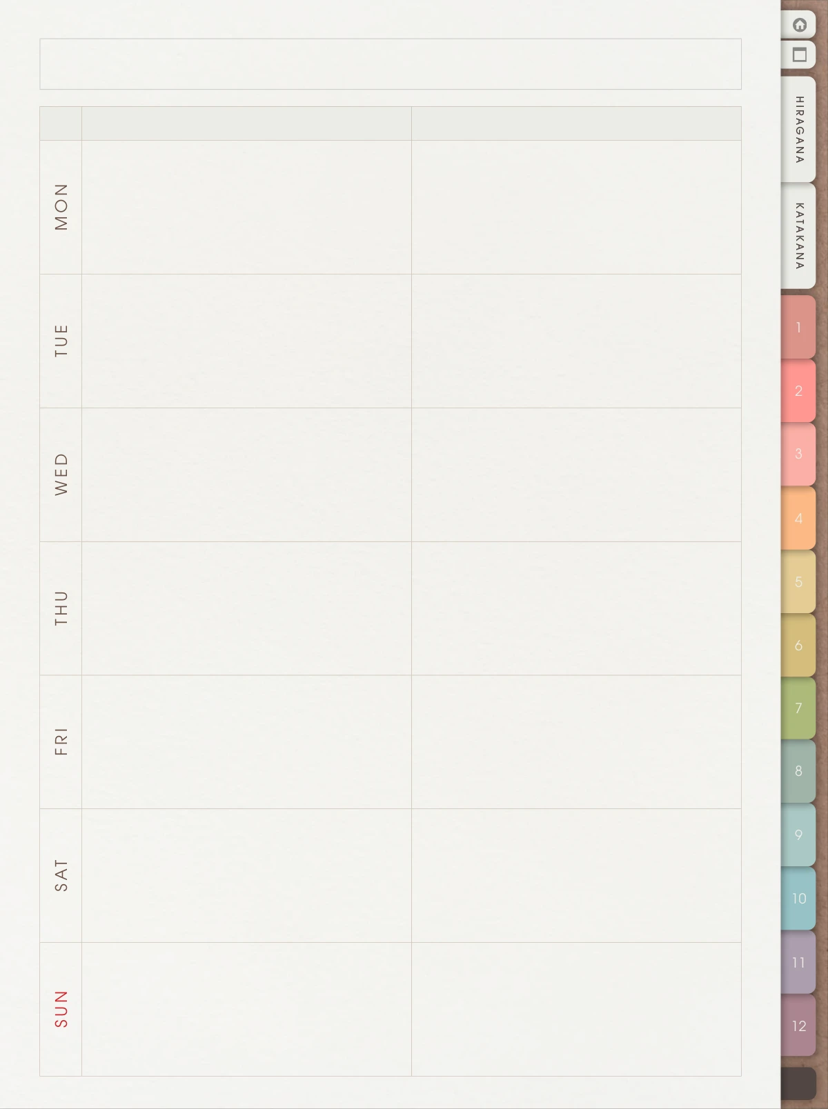 Weekly template with Monday to Sunday planning spaces