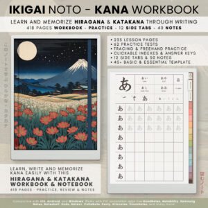 ikigai-noto-kana-01 Ikigai Noto Hiragana and Katakana digital workbook cover in Garden Edition, shown beside a tablet preview of the hiragana writing practice page.