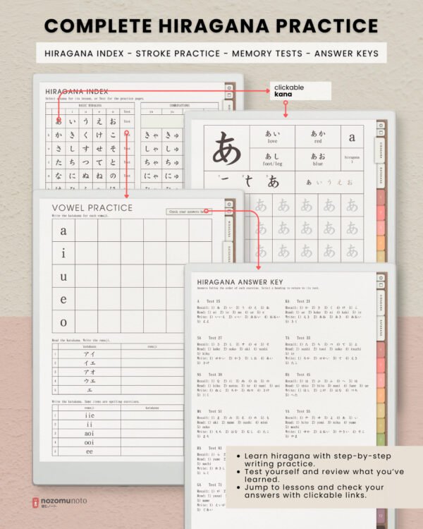Ikigai Noto digital workbook overview of complete hiragana practice, showing the hiragana index, stroke-order lesson, vowel practice test, and linked answer key.