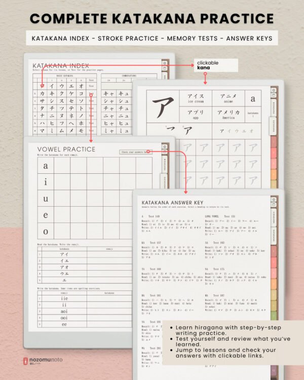 Ikigai Noto digital workbook overview of complete katakana practice, showing the katakana index, stroke-order lesson, vowel practice test, and linked answer key.