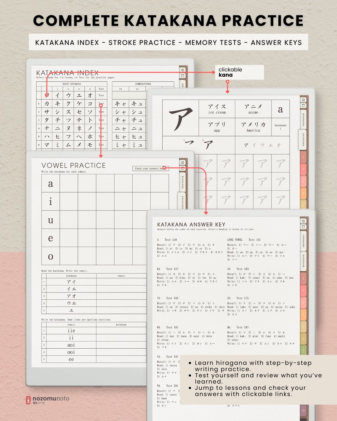 Ikigai Noto digital workbook overview of complete katakana practice, showing the katakana index, stroke-order lesson, vowel practice test, and linked answer key.