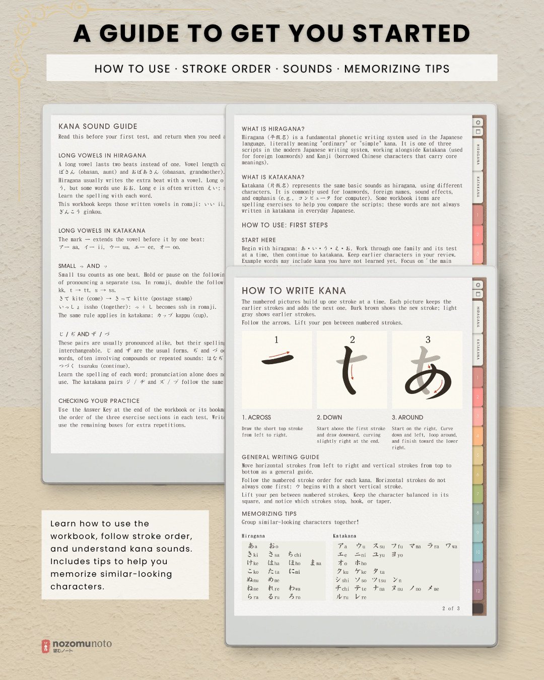 Ikigai Noto getting-started guides for kana sounds, memorization, workbook use, and Japanese stroke order, shown with a hiragana writing example.