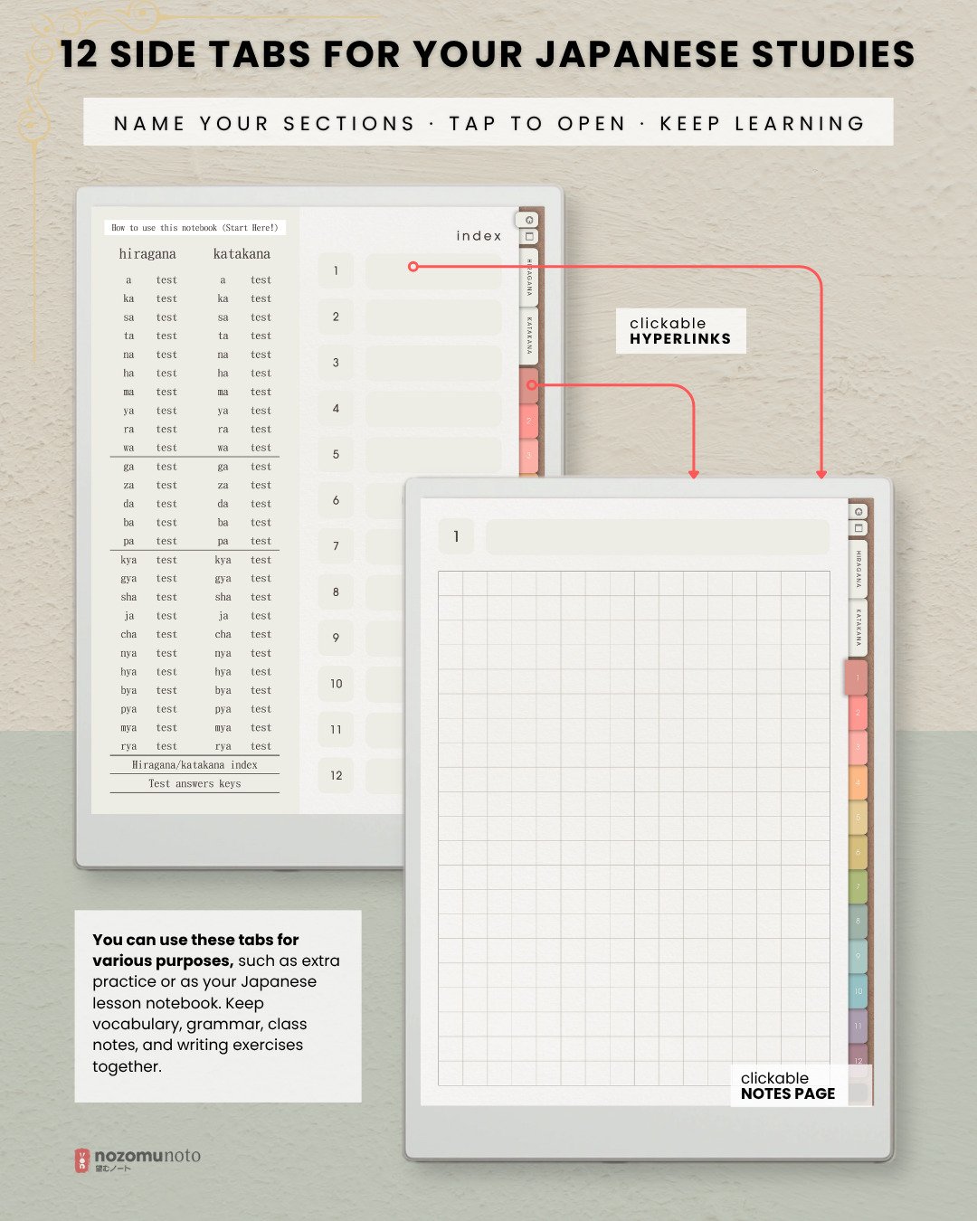 Ikigai Noto workbook section index with 12 customizable side tabs and a linked grid notes page for Japanese study notes and extra practice.