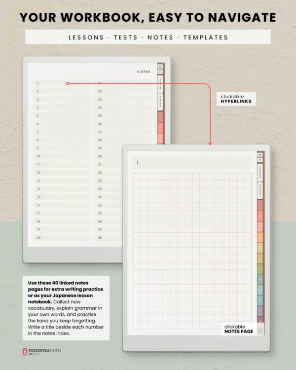 Ikigai Noto notes index with 40 linked grid notes pages for Japanese vocabulary, grammar, class notes, and extra kana writing practice.