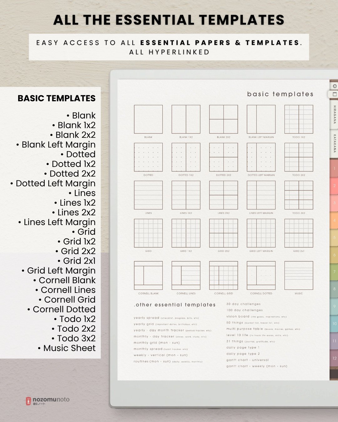 Ikigai Noto basic paper templates, including blank, dotted, lined, grid, Cornell, to-do, and music sheet layouts.
