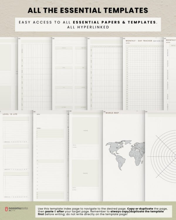 Ikigai Noto preview of essential digital notebook templates, including yearly, monthly, weekly, tracker, planning, world map, and wheel layouts.