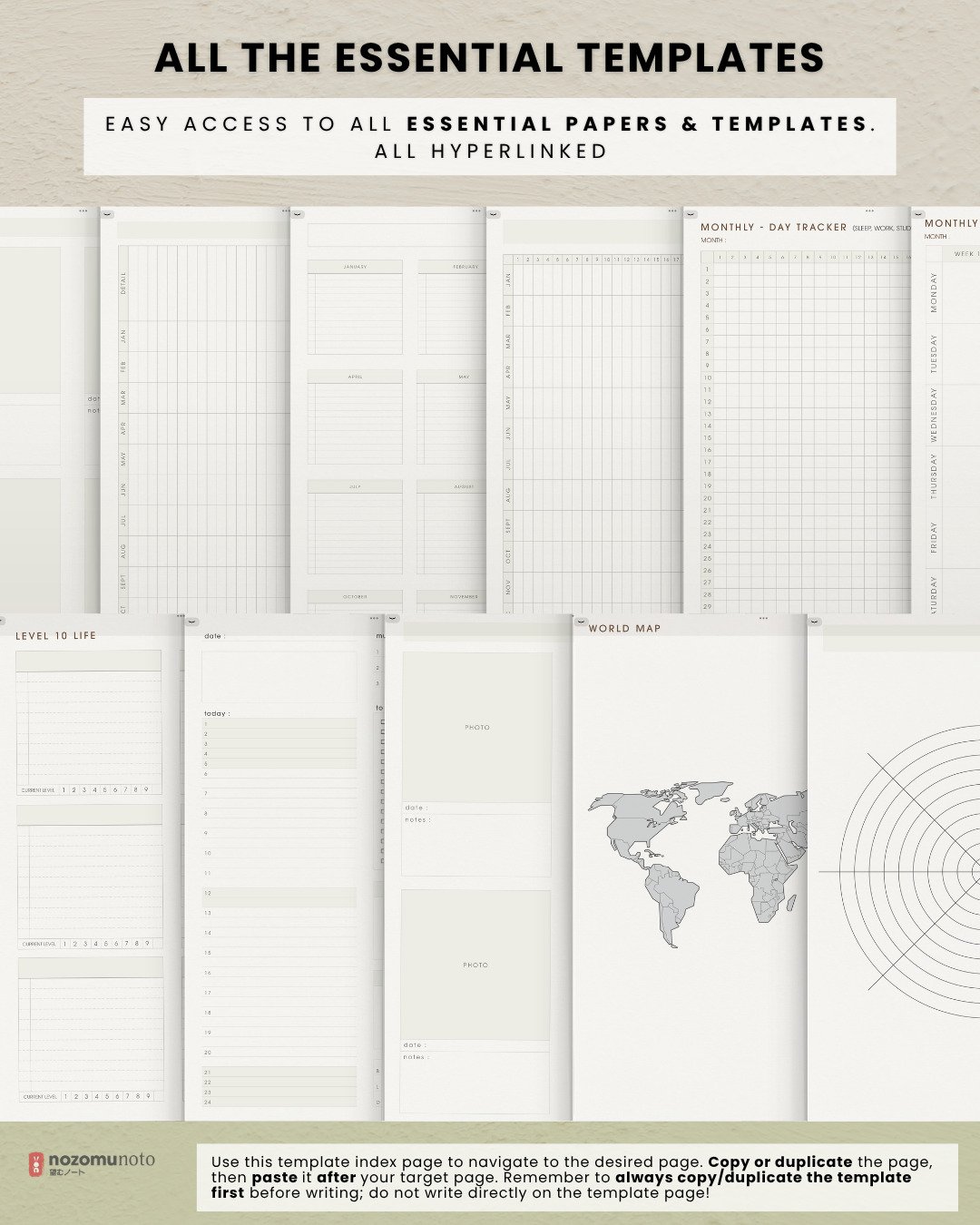Ikigai Noto preview of essential digital notebook templates, including yearly, monthly, weekly, tracker, planning, world map, and wheel layouts.