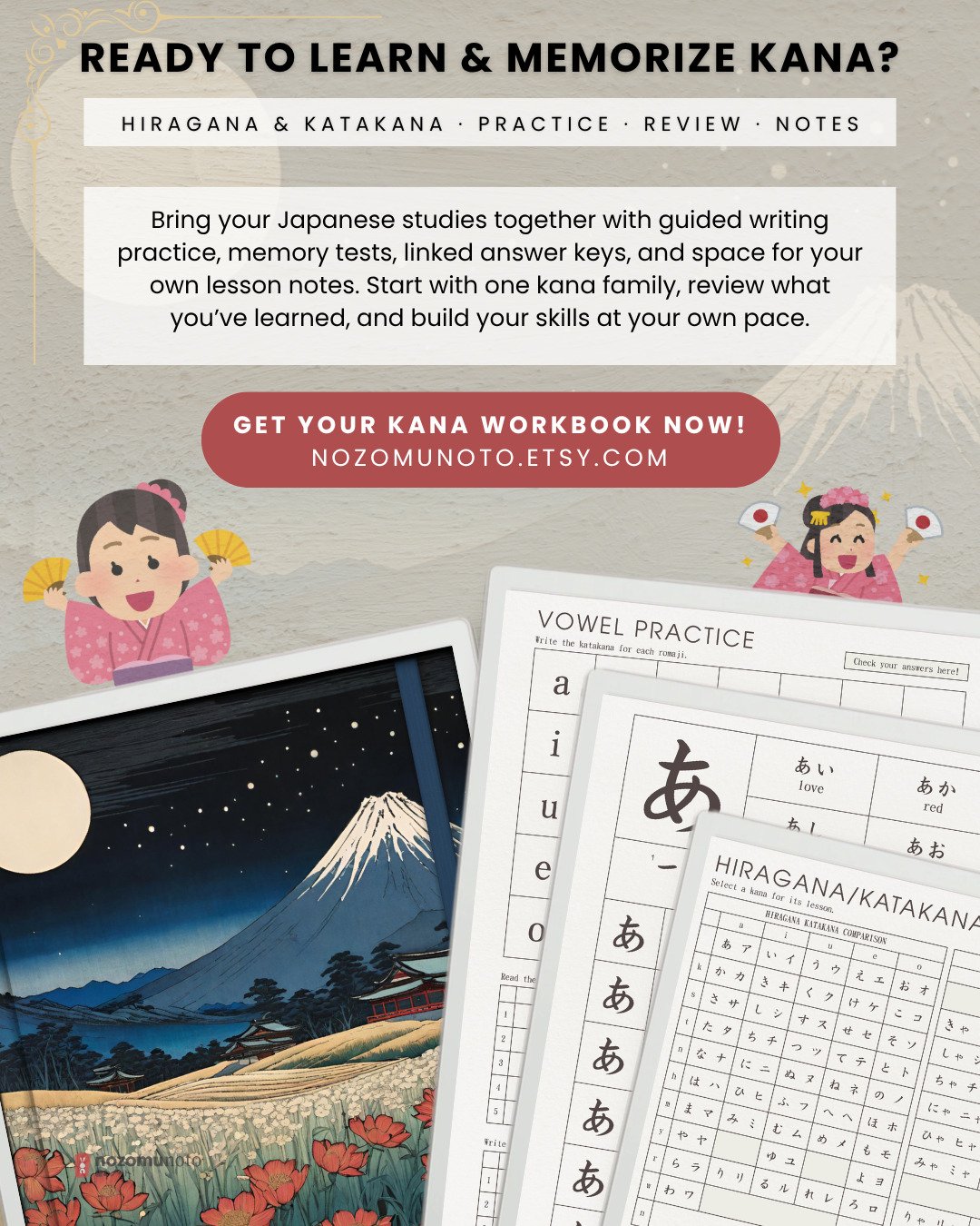 Ikigai Noto Hiragana and Katakana digital workbook shown on a tablet with kana charts and writing practice pages, plus a NozomuNoto shop callout.