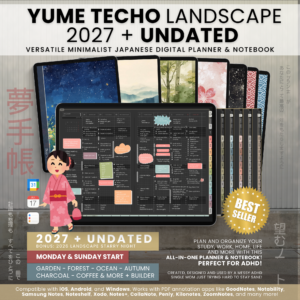Yume-Techo-2027-Undated-Landscape-Dark-v207-01 Yume Techo 2027 and Undated Landscape Dark planner shown on a tablet with illustrated covers, color choices and Monday or Sunday starts.