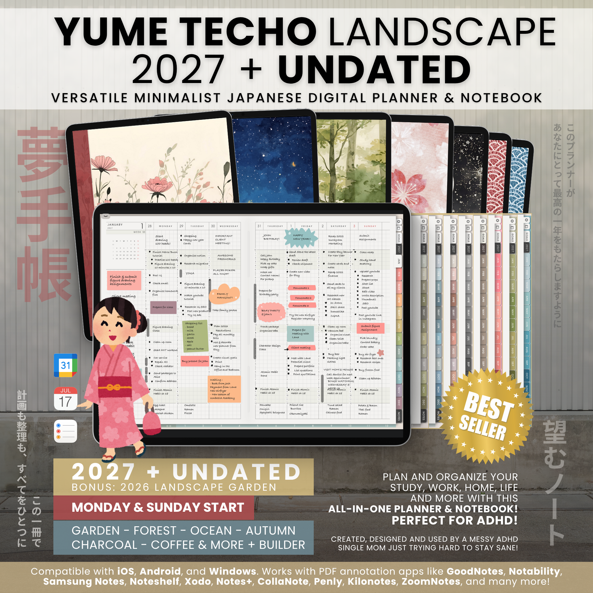 Yume Techo 2027 and Undated Landscape Light planner shown on a tablet with illustrated covers, color choices and Monday or Sunday starts.