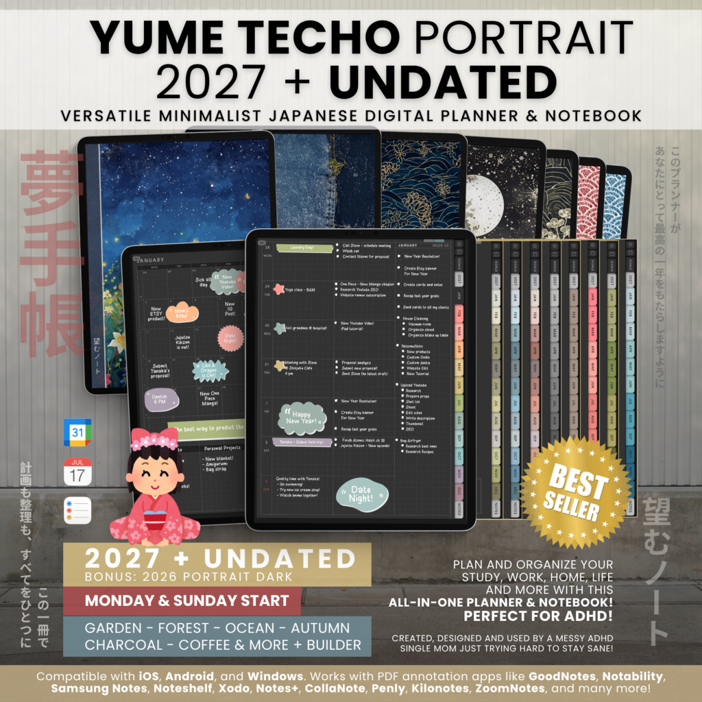 Yume Techo Portrait 2027 and undated dark planner collection, with illustrated covers, colorful month tabs, and filled-in planning examples.