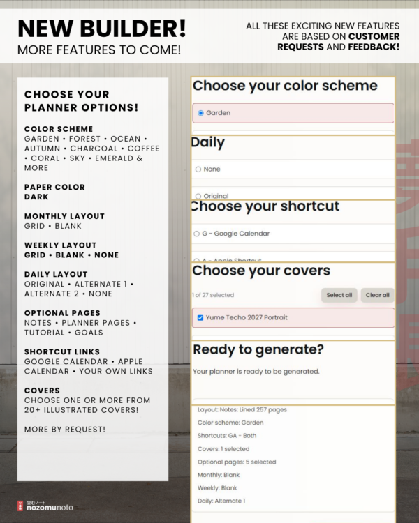 portrait-final-dark-04 Planner Builder choices for the dark Portrait planner, including color scheme, weekly and daily layouts, calendar shortcuts, and illustrated covers.