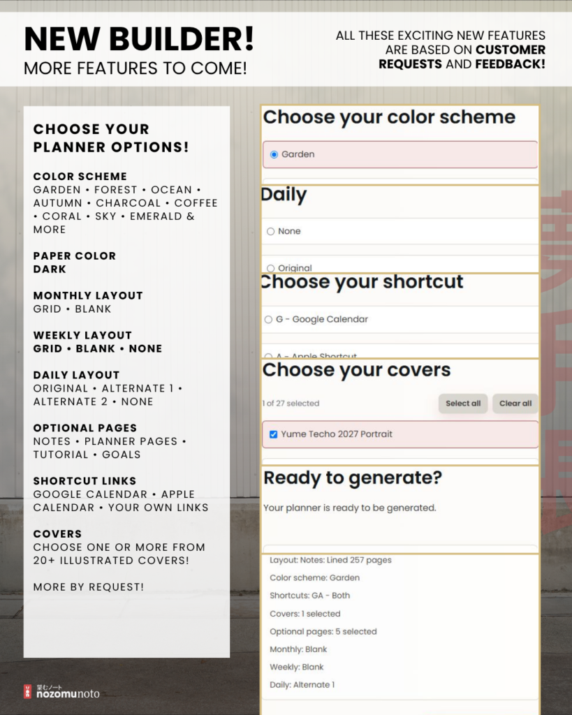 Planner Builder choices for the dark Portrait planner, including color scheme, weekly and daily layouts, calendar shortcuts, and illustrated covers.