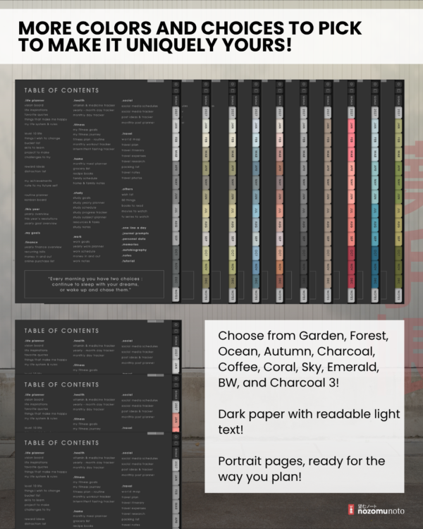 portrait-final-dark-06 Dark Portrait table-of-contents previews with light lettering and a range of colored month tabs, including neutral, coral, blue, and green schemes.