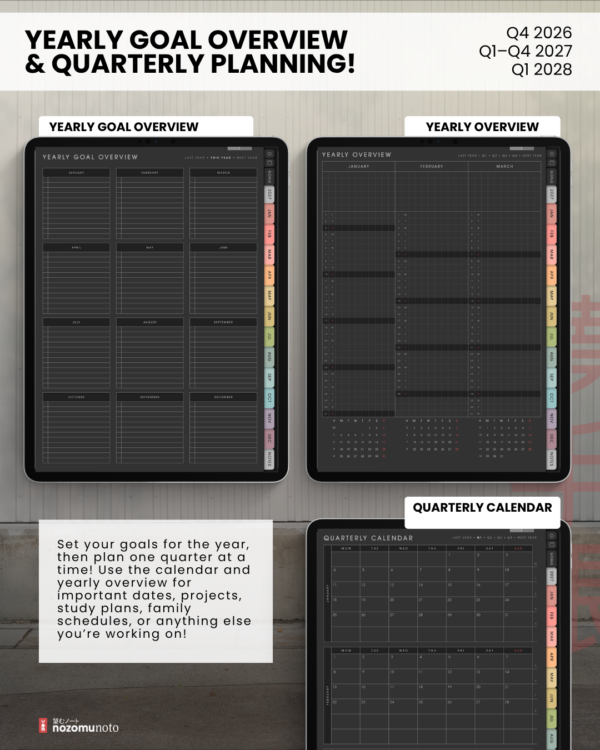 portrait-final-dark-07 Dark Portrait yearly goal overview, yearly grid, and quarterly calendar displayed on three tablets.