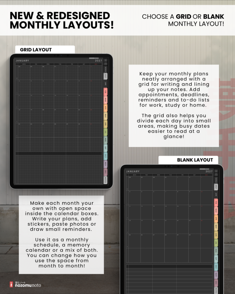 Dark Portrait monthly planner comparison showing grid and blank calendar layouts on tablets.