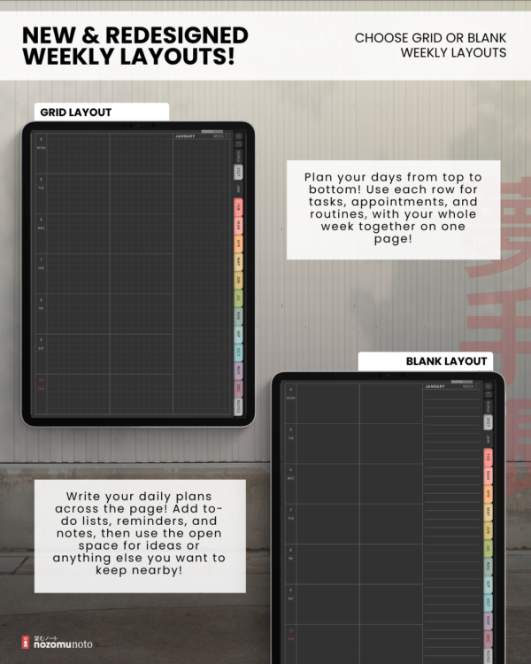 portrait-final-dark-09 Dark Portrait weekly planner comparison showing grid and blank layouts, with days stacked vertically.