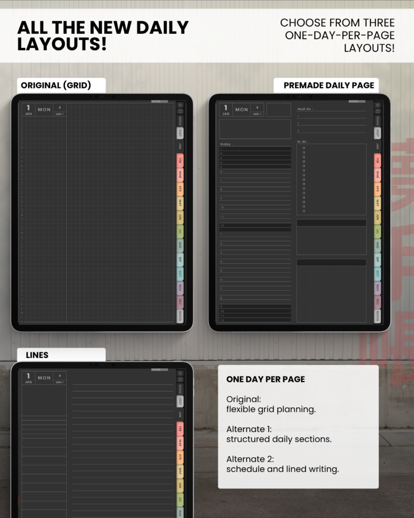 Three dark Portrait daily layouts: original grid, premade sections for schedule and tasks, and a schedule with lined writing space.