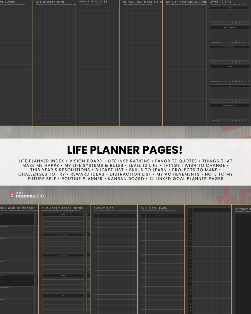 Dark Portrait life-planning page collection, including vision board, inspiration, quotes, life ratings, resolutions, bucket list, skills, and Kanban board.