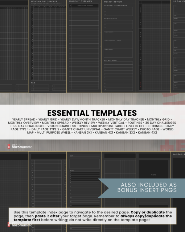portrait-final-dark-19 Dark Portrait essential template collage with trackers, monthly overview, weekly review, daily pages, photo page, and Kanban layouts; bonus PNG inserts noted.