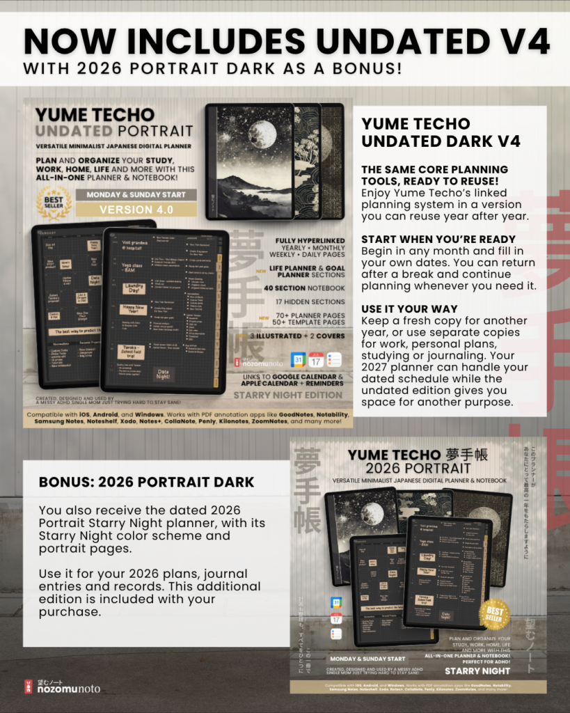 Dark Portrait undated version 4 and 2026 Starry Night bonus planner previews, with moonlit covers and examples of filled monthly and weekly pages.