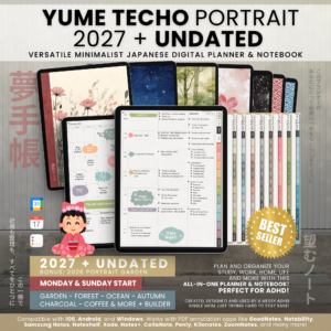 portrait-final-light-01 Yume Techo Portrait 2027 and undated light planner collection, with illustrated covers, colorful month tabs, and filled-in planning examples.