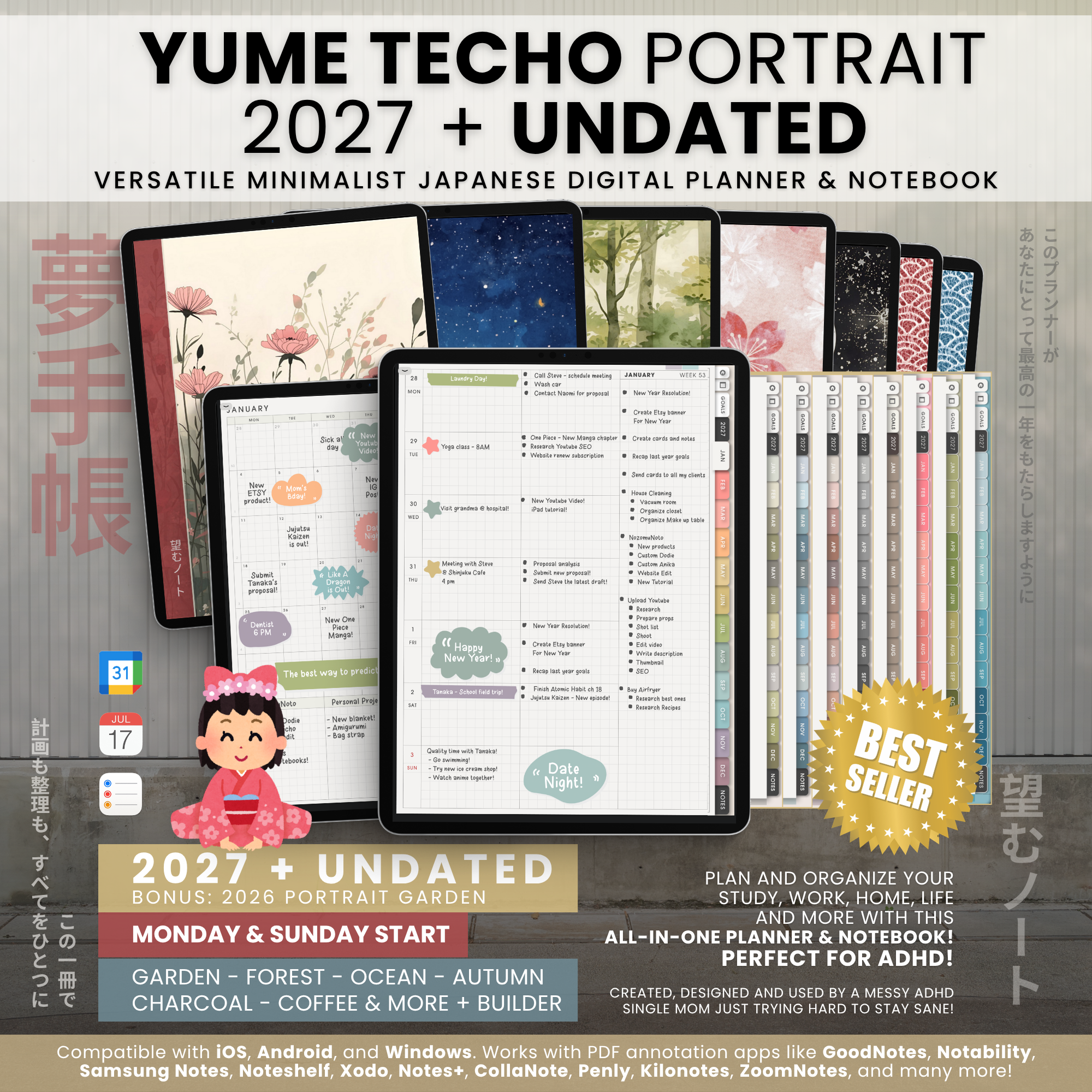 Yume Techo Portrait 2027 and undated light planner collection, with illustrated covers, colorful month tabs, and filled-in planning examples.
