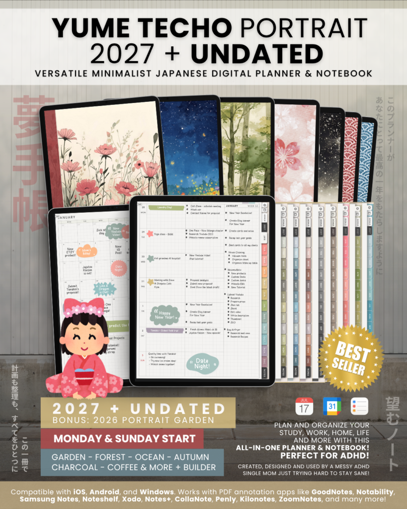 Portrait view of Yume Techo 2027 and undated light planners, showing illustrated cover choices and example monthly and weekly pages on tablets.