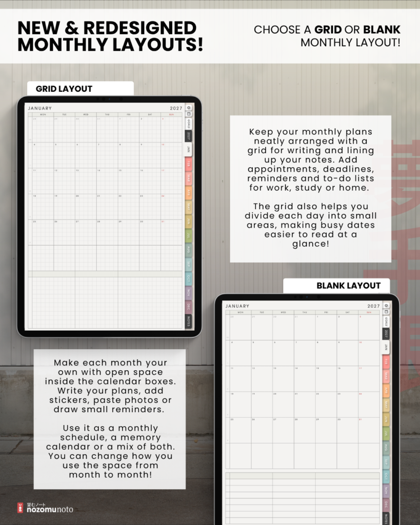 Light Portrait monthly planner comparison showing grid and blank calendar layouts on tablets.