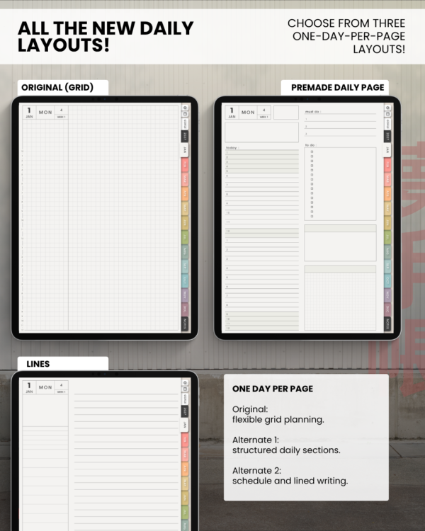 portrait-final-light-10 Three light Portrait daily layouts: original grid, premade sections for schedule and tasks, and a schedule with lined writing space.