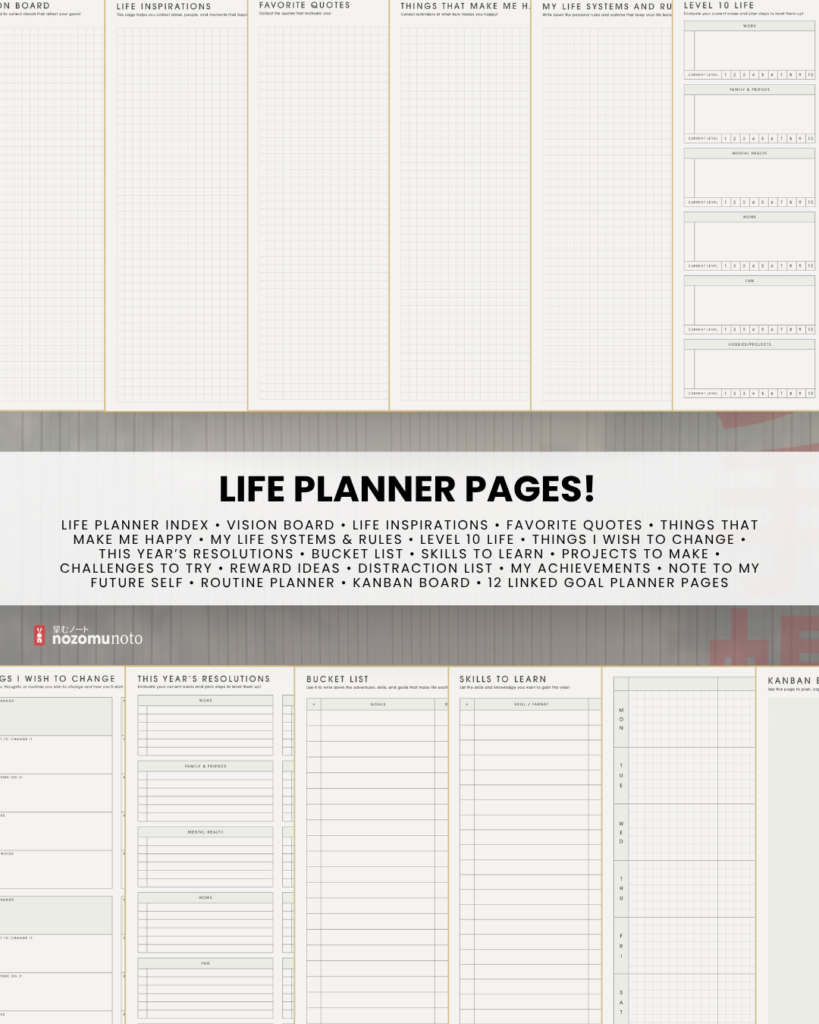 Light Portrait life-planning page collection, including vision board, inspiration, quotes, life ratings, resolutions, bucket list, skills, and Kanban board.