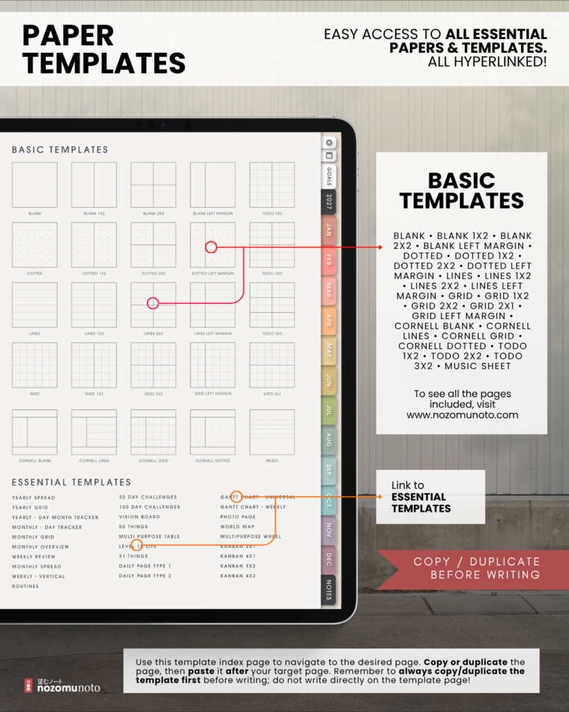 Light Portrait paper-template index with grid, lined, and divided page thumbnails, plus arrows and instructions for copying a template before writing.