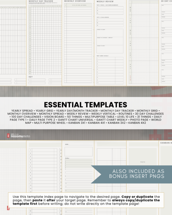 portrait-final-light-19 Light Portrait essential template collage with trackers, monthly overview, weekly review, daily pages, photo page, and Kanban layouts; bonus PNG inserts noted.
