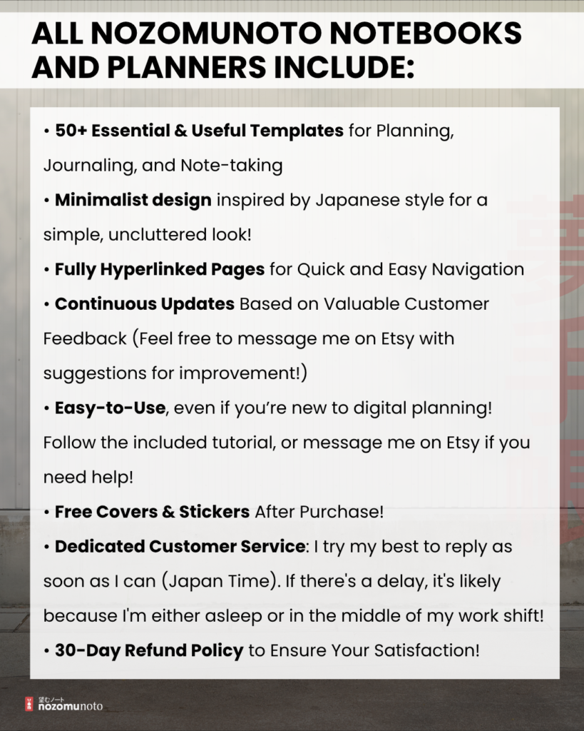 Benefits and support information for the light Portrait planner, listing templates, linked pages, updates, tutorial help, covers and stickers, and refund policy.