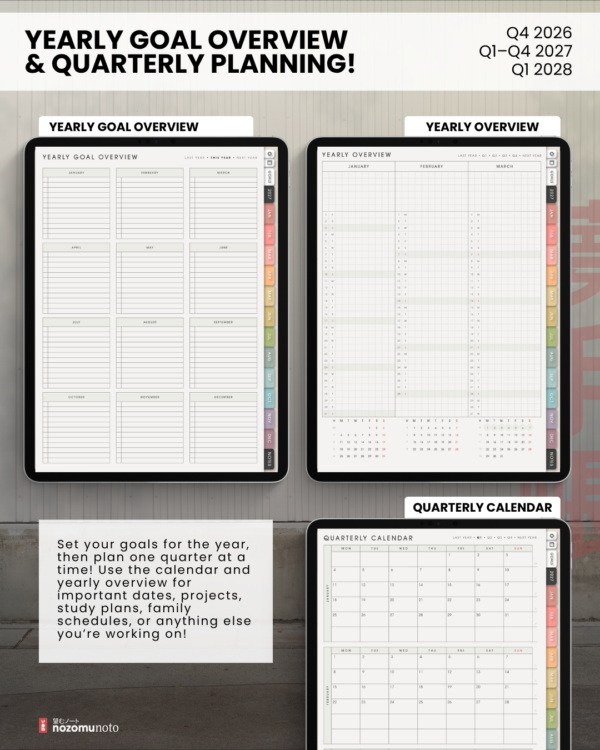 portrait-final-marketing-1f4b24e Yume Techo Portrait Light Yearly Goal Overview, Yearly Overview, and Quarterly Calendar displayed on three tablets.