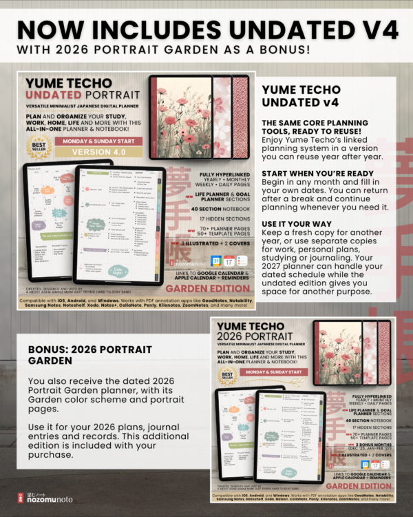 portrait-final-marketing-70a0dc5 Yume Techo Undated v4 Portrait Light bundle and the separate 2026 Portrait Garden bonus shown with product artwork and descriptions.