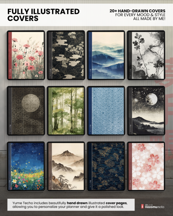 portrait-final-marketing-760ea1f Twelve illustrated Yume Techo covers displayed on tablets, including floral, mountain, moon, wave, and Japanese fabric designs.