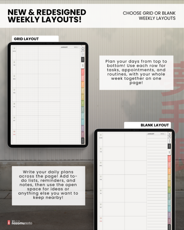 portrait-final-marketing-9c592d1 Yume Techo Portrait Light weekly Grid and Blank layouts displayed on two tablets.
