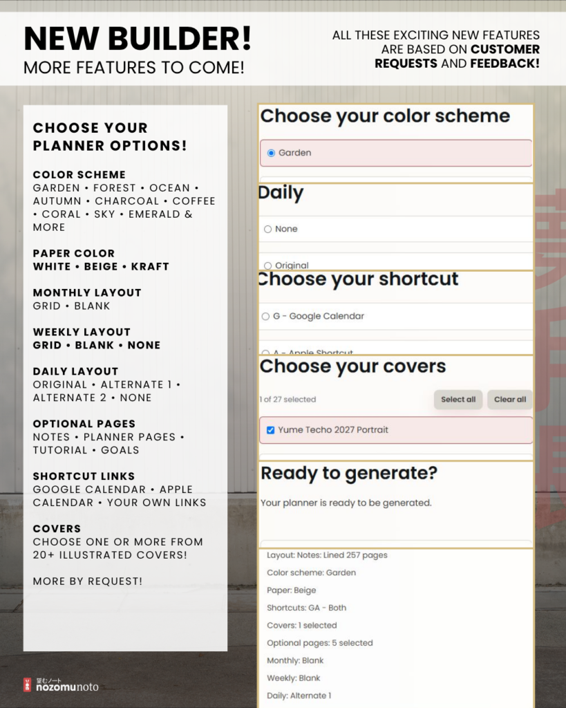 Yume Techo Portrait Builder options and screenshots showing planner colour, layout, cover, shortcut, and download choices.